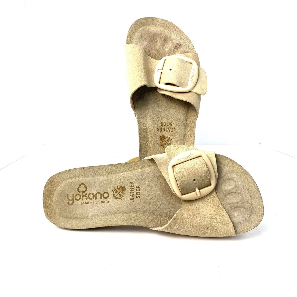 Yokono Ibiza Suede Leather Cork Slide Sandals Beige Spain Womens